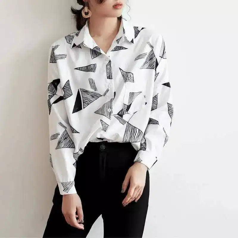 Women's Printed Long Sleeve Blouse-White-3