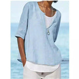 Women's V-Neck Casual Linen Blouse-Blue-6