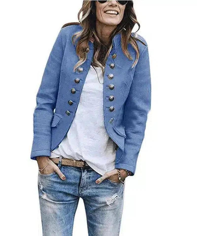 Double-Breasted Women's Casual Jacket-Sky blue-2