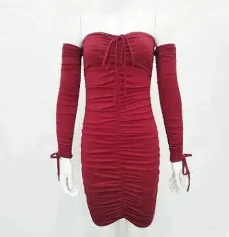 Bandage Dress Women Off Shoulder Long Sleeve Slim-Red-20