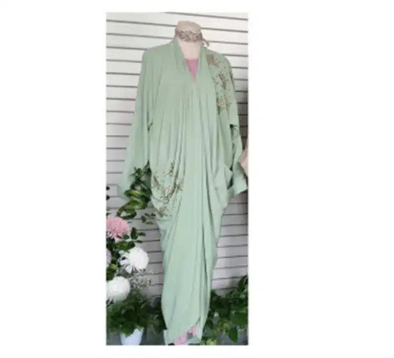 Elegant Long Cape with Embroidery Detail-Light Green-5