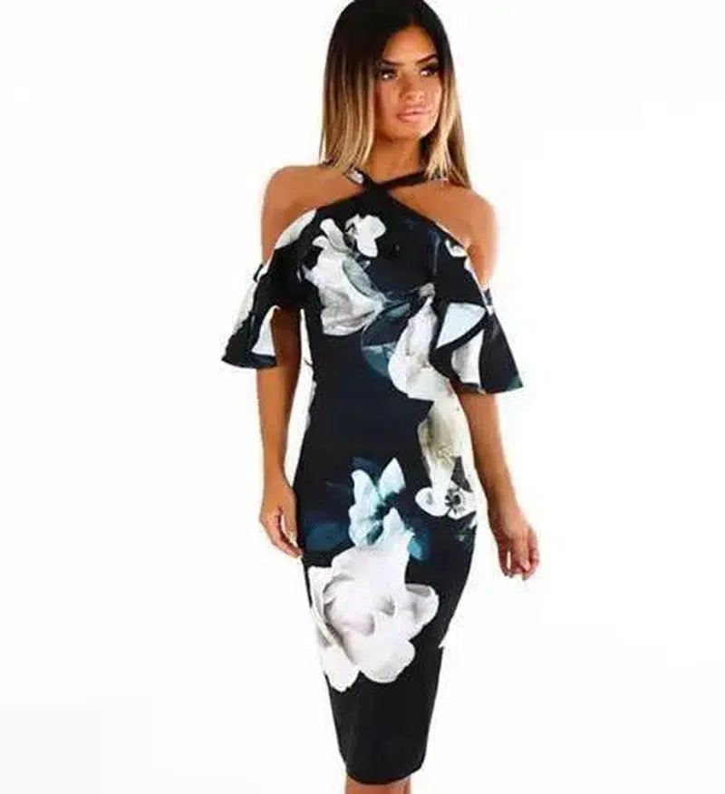 Bodycon Dress Halter Off Shoulder Robe Elegant Summer-Darkblue-18