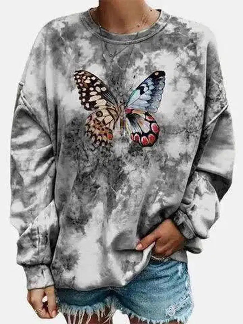 LOVEMI - Lovemi - Butterfly Print Long-Sleeved Round Neck Bottoming