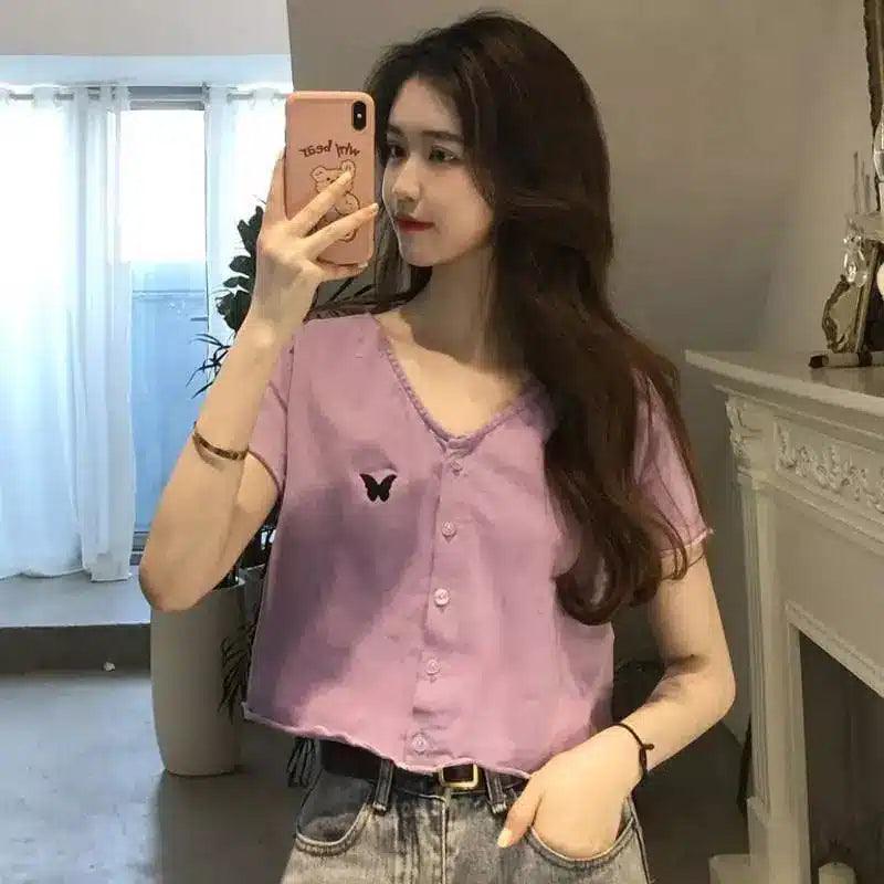 Women's V-Neck Button-Up Casual Blouse-Light purple-1