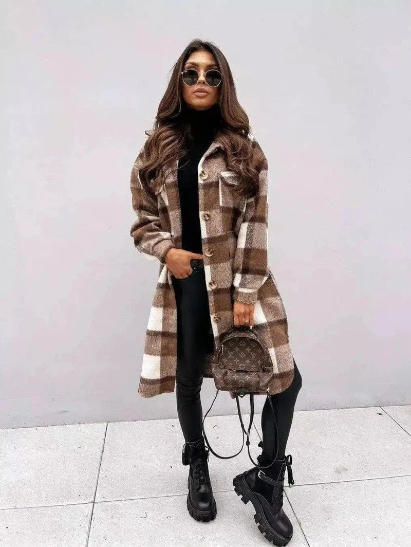 LOVEMI - Lovemi - Button lapel casual warm plaid long woolen coat