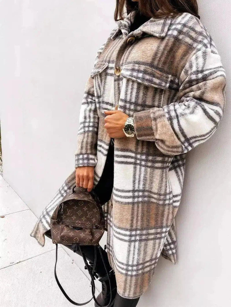 LOVEMI - Lovemi - Button lapel casual warm plaid long woolen coat