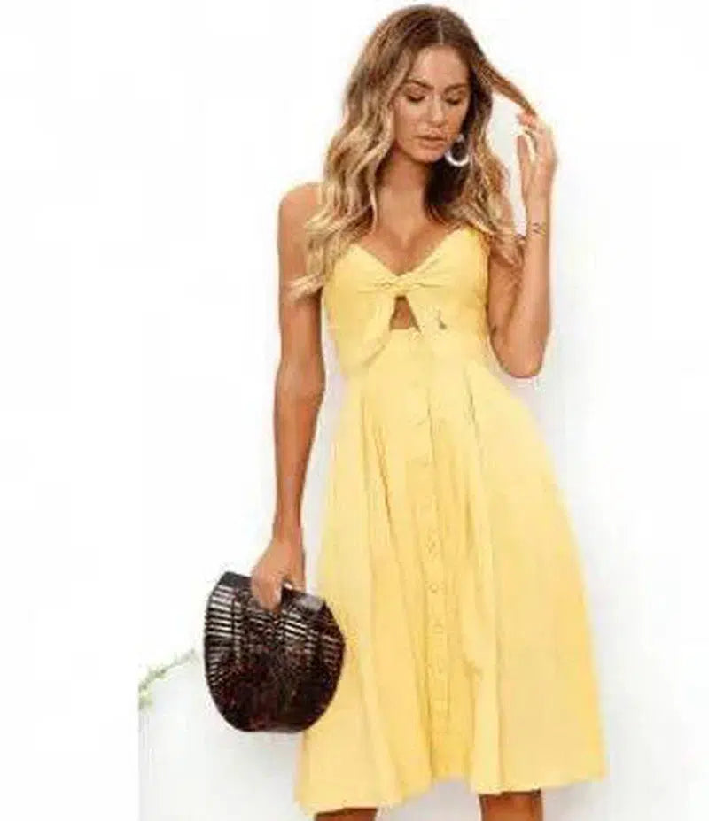 Buttoned Bow Back Strap Dress-Yellow-28