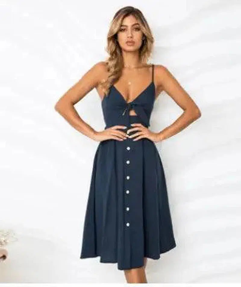 Buttoned Bow Back Strap Dress-Navy-29