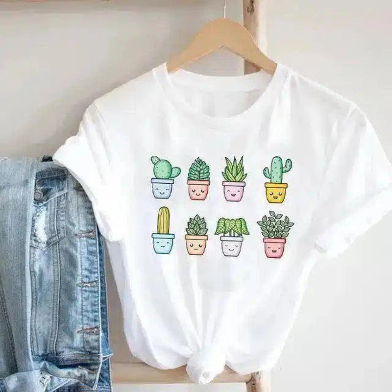 Floral Potted Plants Printed T-Shirt for Casual Wear-6style-7