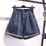 Calyx elastic waist denim shorts female summer high waist-NavyBlue-22