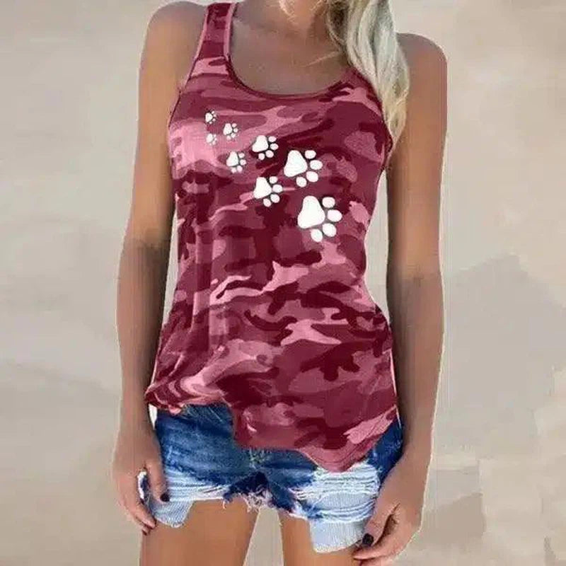 Women's Camo Sleeveless Tank Top with Paw Print Design-Claret-2