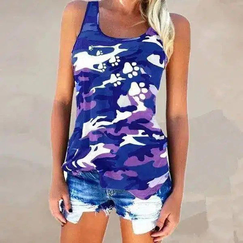 Women's Camo Sleeveless Tank Top with Paw Print Design-Violet-5