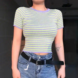 Striped Short Sleeve Ribbed Crop Top-Green-1