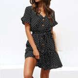 Casual polka-dot high-rise strap V-neck chiffon ladies dress-black-14