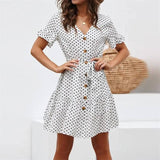 Casual polka-dot high-rise strap V-neck chiffon ladies dress-white-6