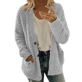 Women's Fuzzy Knit Cardigan with Pockets-Grey-1