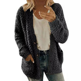 Women's Fuzzy Knit Cardigan with Pockets-Black-2