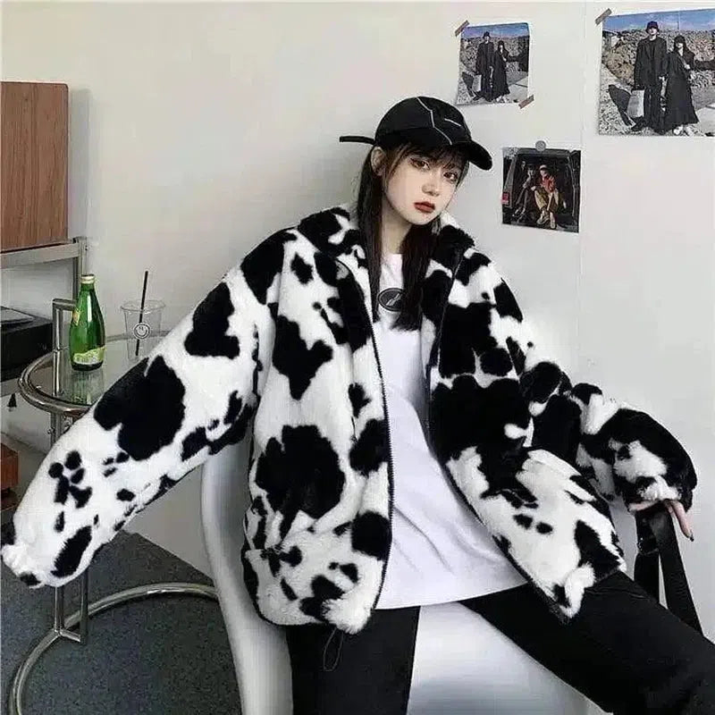 Faux Fur Cow Print Zip Jacket-A-1