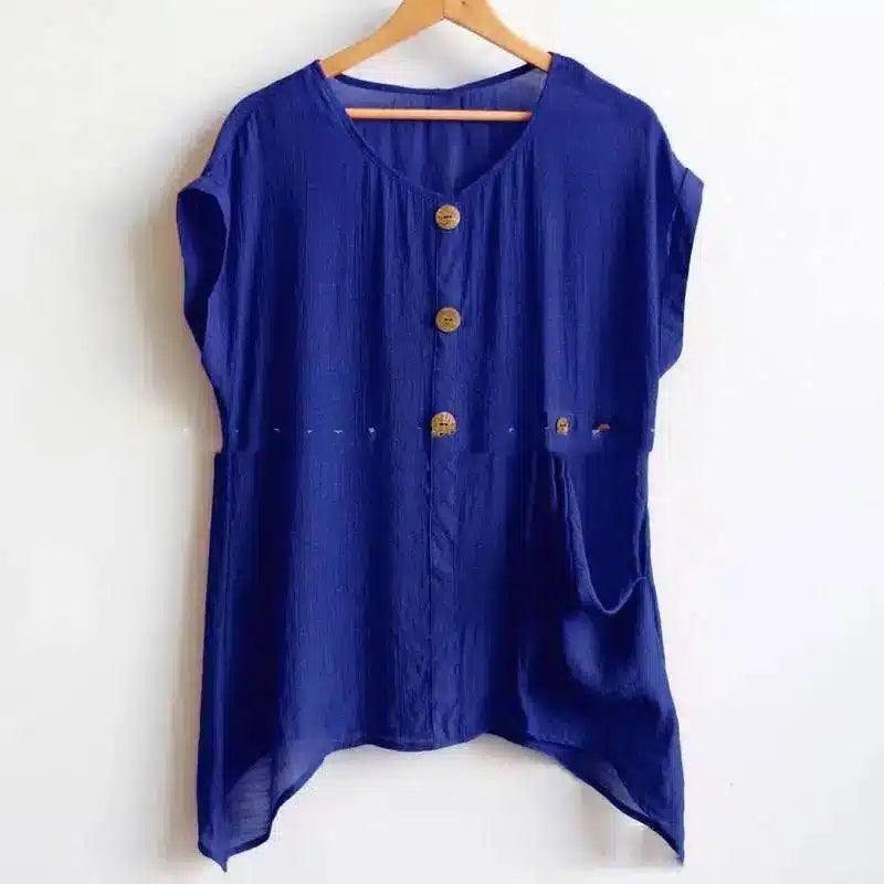 Women's Buttoned Linen Tunic Top-Blue-4