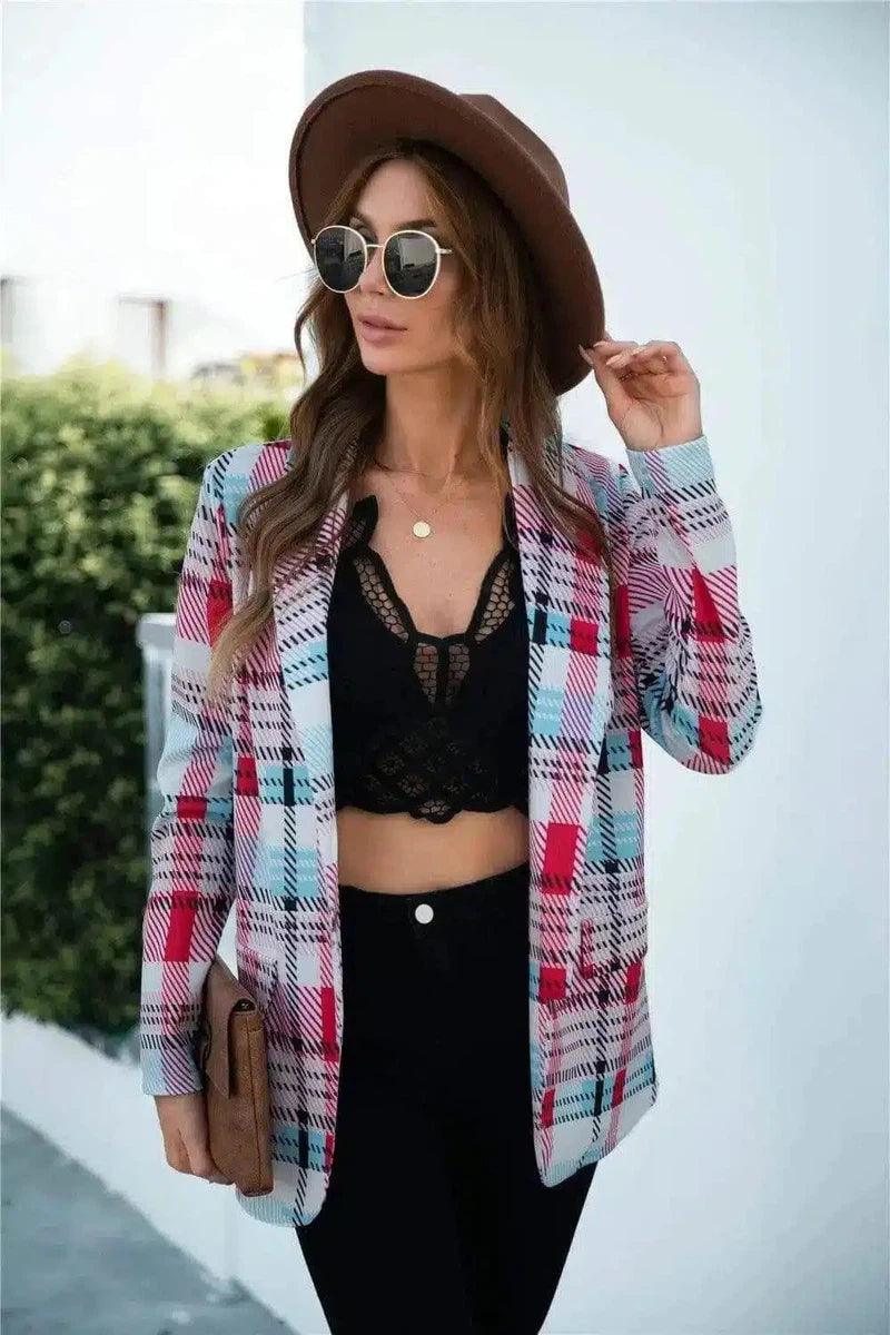 LOVEMI - Lovemi - Chic Plaid Blazer with Lace Detail