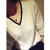 Women's V-Neck Pullover Sweater-White-2