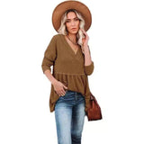 Women's V-Neck Knit Sweater Top-Brown-4