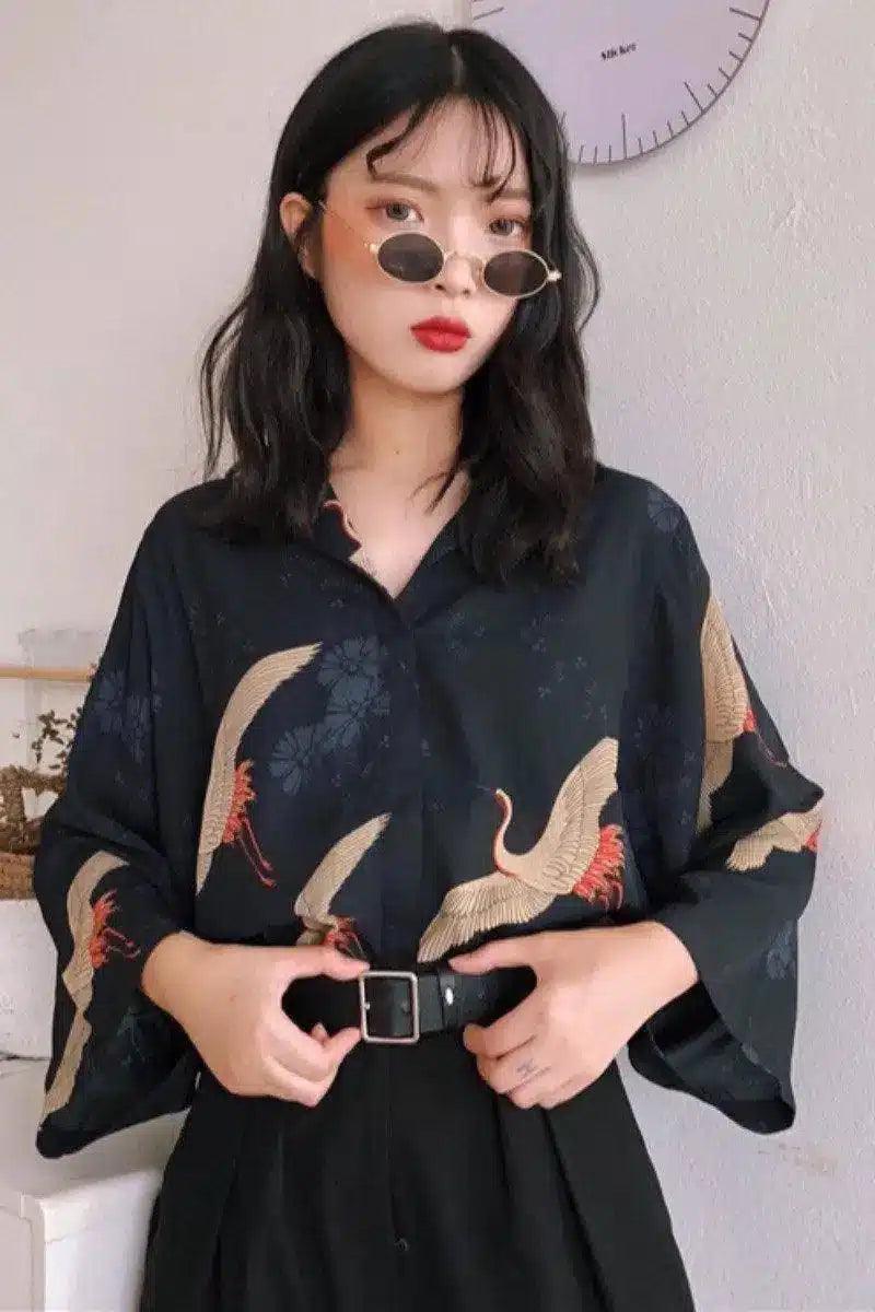 Wide-Sleeve Bird Print Women's Blouse-1