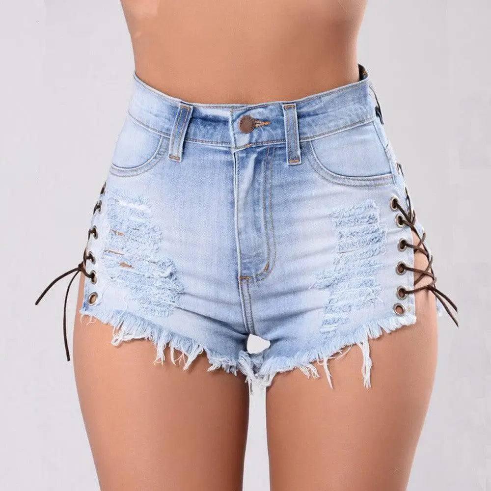 LOVEMI - Lovemi - Cutoff Side Lacing Jeans Shorts