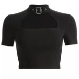 Dark wind zipper halter short-sleeved T-shirt-Black-2