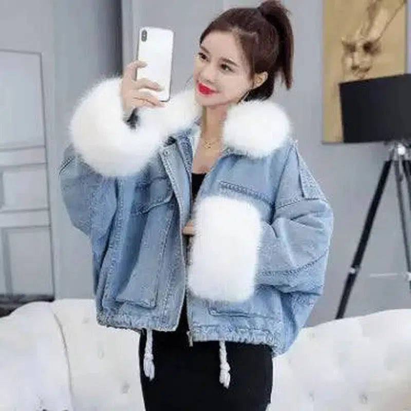 Stylish Denim Fur Coat for Cozy Layers-Blue denim White Liner-1