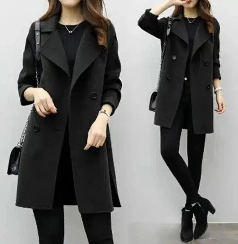 Women's Double-Breasted Mid-Length Coat-Black-2