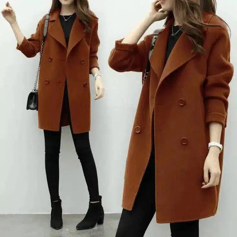 Women's Double-Breasted Mid-Length Coat-Brown-3