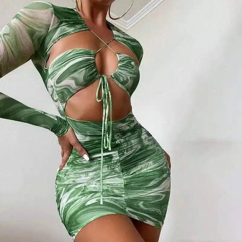 Green Cut-Out Tie-Dye Dress – Stylish and Edgy-Green-1