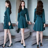 Dresses Spring high waist simple pure color, slim, sweet and-Dark green-1