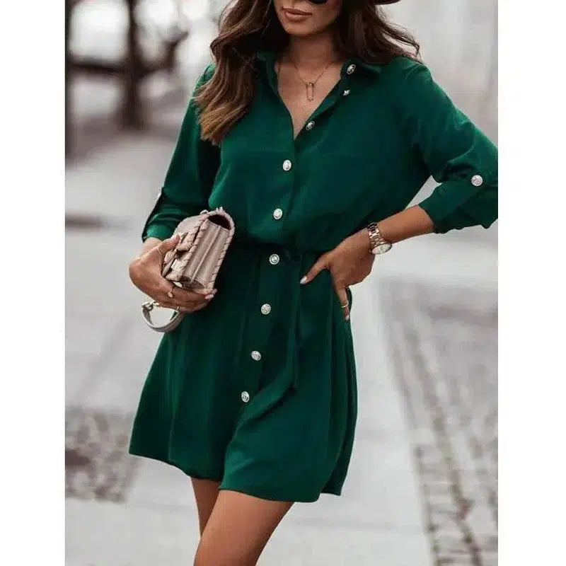 Endless Moments Waist Tie Button Sleeve Dress-Green-3