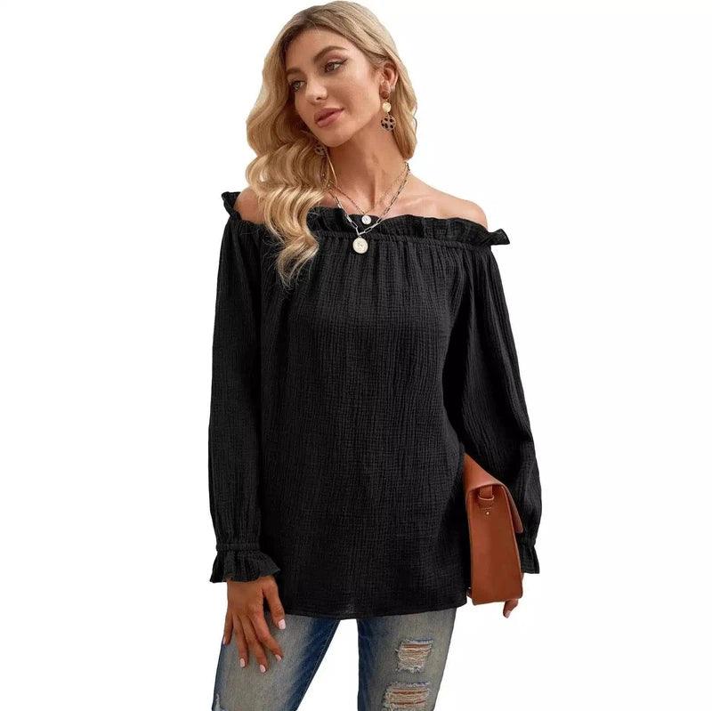 Off-Shoulder Women's Casual Blouse-Black-3