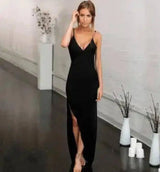 USA SIZE European and American V-neck Sling Dress-Black-8