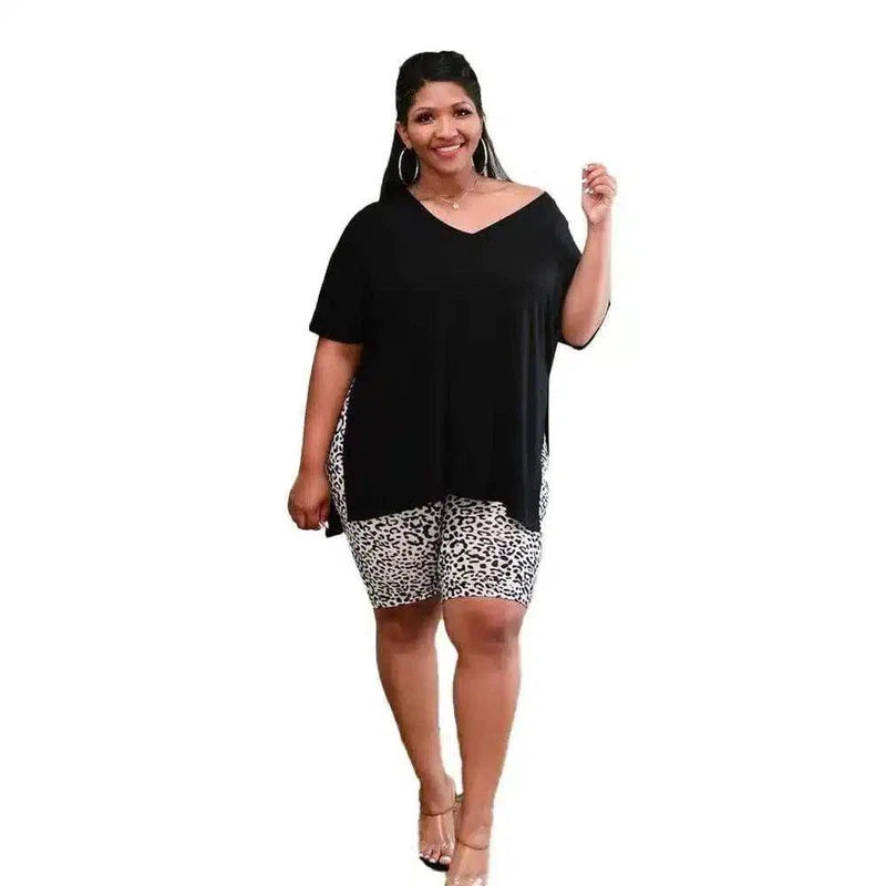 Women's Casual V-Neck Tee & Shorts Set-Black-4