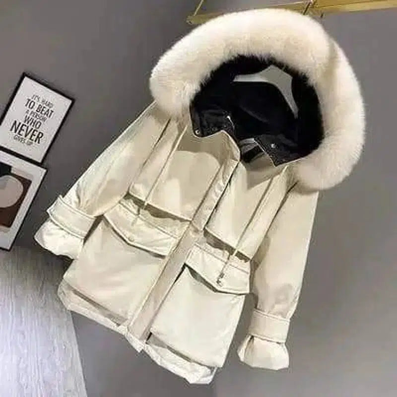 Fashion Hooded Faux Fur Collar Women's Clothing Big Pocket-White-6