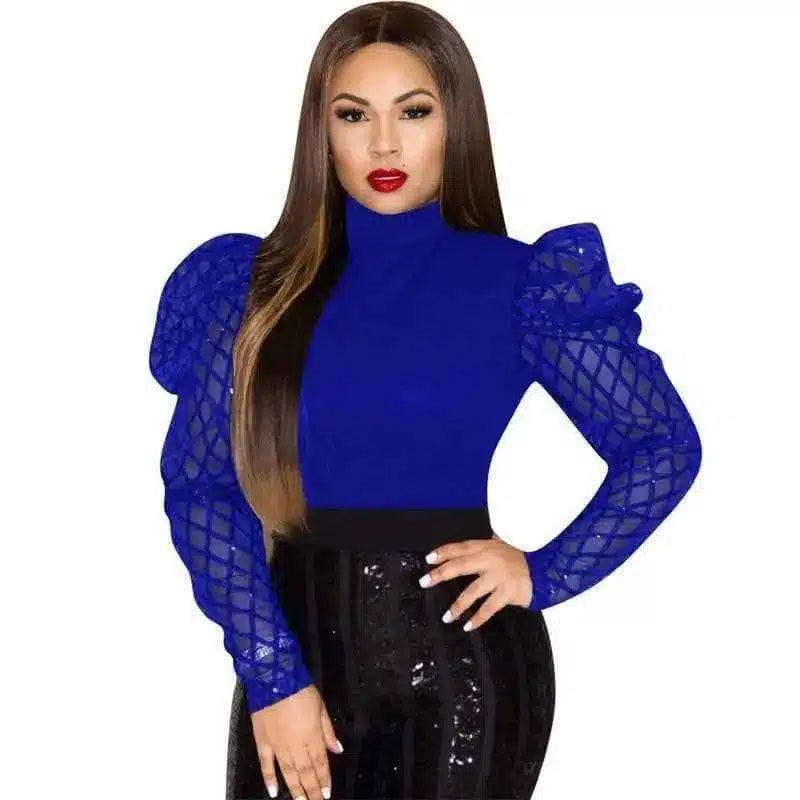 Women's Puff Sleeve Sequin Skirt Outfit-Blue-2