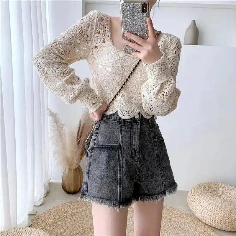 Women's Puff Sleeve Lace Blouse-Beige-2