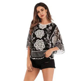 Women's Floral Poncho Top with Fringe Detail-black rose-2