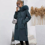 Women's Winter Coat with Fur Hood Trim-Green-2