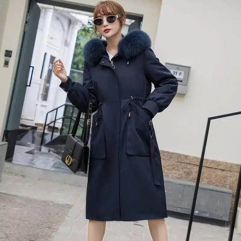 Women's Winter Coat with Fur Hood Trim-Navy Blue-5