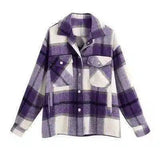 Plaid Flannel Button-Up Jacket with Pockets-Purple-3