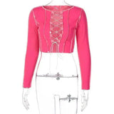 Lace-Up Long Sleeve Cropped Top-Pink-1