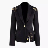 Women's Military Style Fitted Blazer Jacket-Black-1