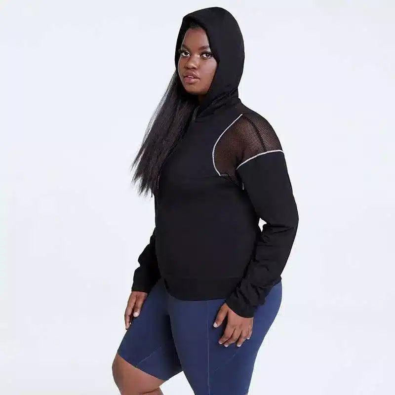 Women's Mesh Panel Hooded Workout Top-Black-2