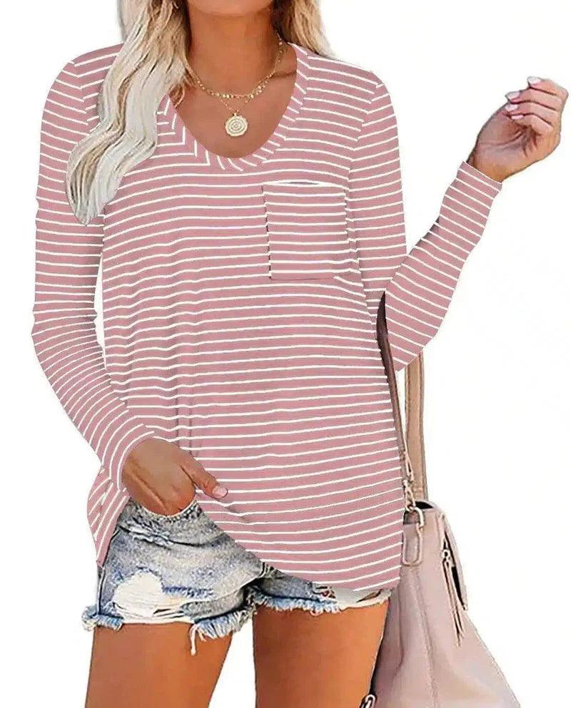 Women's Striped Long Sleeve T-Shirt with Pocket-Pink-5