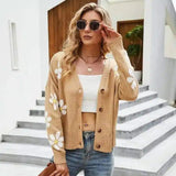 Floral Knit Cardigan for Casual Wear-Camel-5